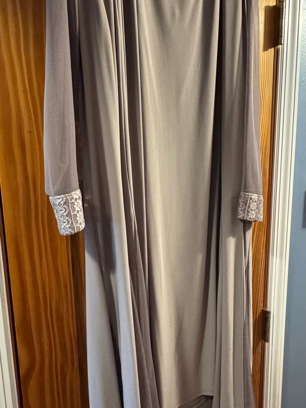 R&M Richards Taupe Long Sleeve Maxi Dress with Lace Cuffs